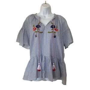 CW Classics Short Sleeve Striped Peplum Top Embroidered 100% Cotton Size Large